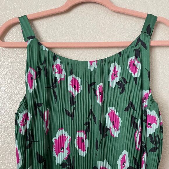 Anthropologie Dress Womens XS Green Pink Mini Satin Floral Pleated Tank Boho‎ - Picture 8 of 13
